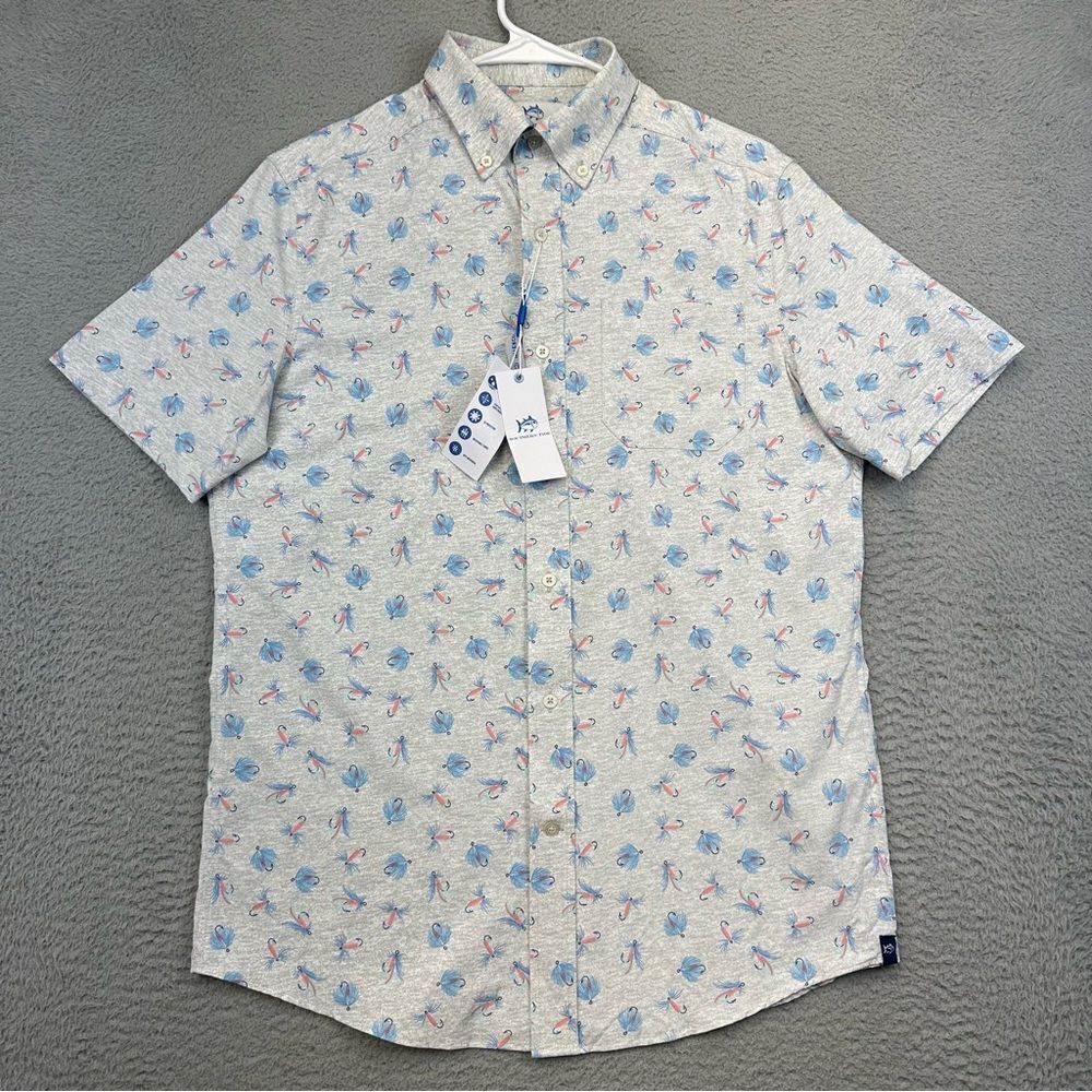 Southern Tide Shirt Mens Small Gray Fish Lure Print Stretch Hiking Outdoor NEW‎